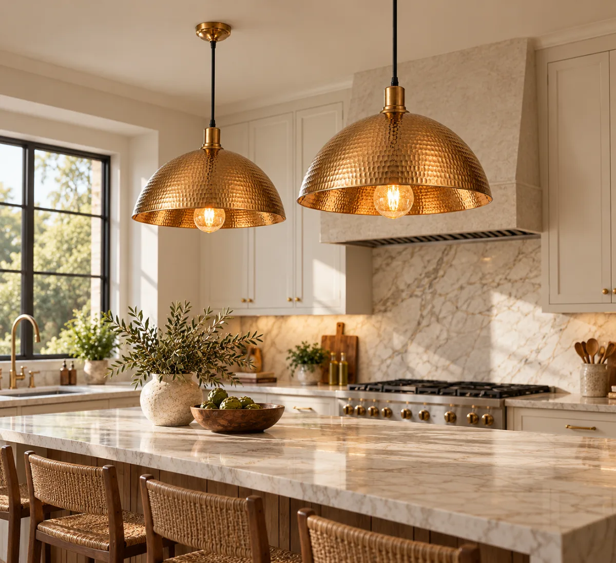 Two warm brass pendant lights above a kitchen island